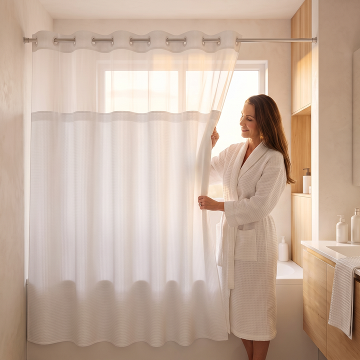 Shower Curtain with Liner – No Hooks Needed in White – woman in a waffle robe pulling it open beside a window