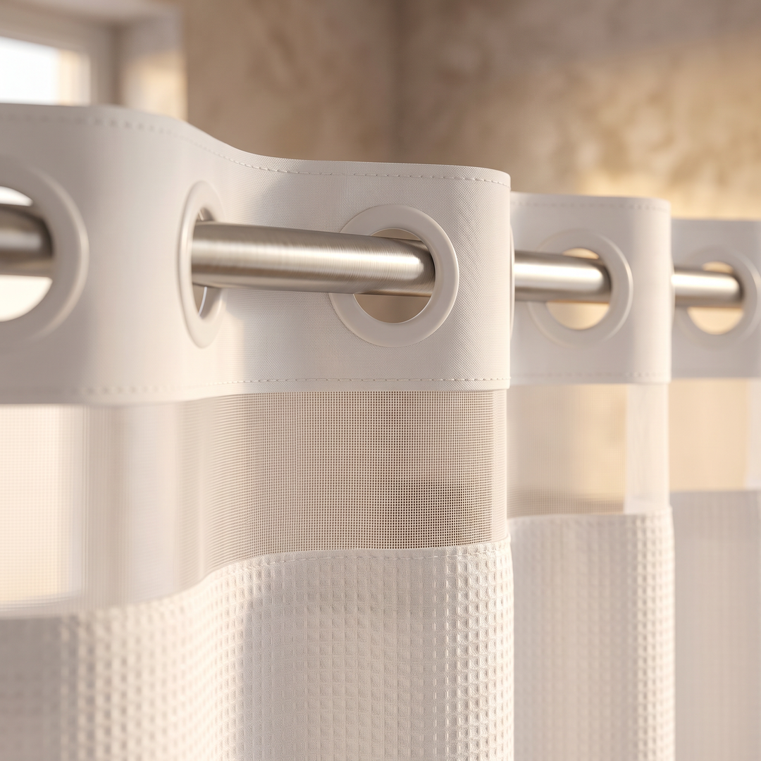 Shower Curtain with Liner – No Hooks Needed in White – close-up of the grommet header and mesh panel on a rod