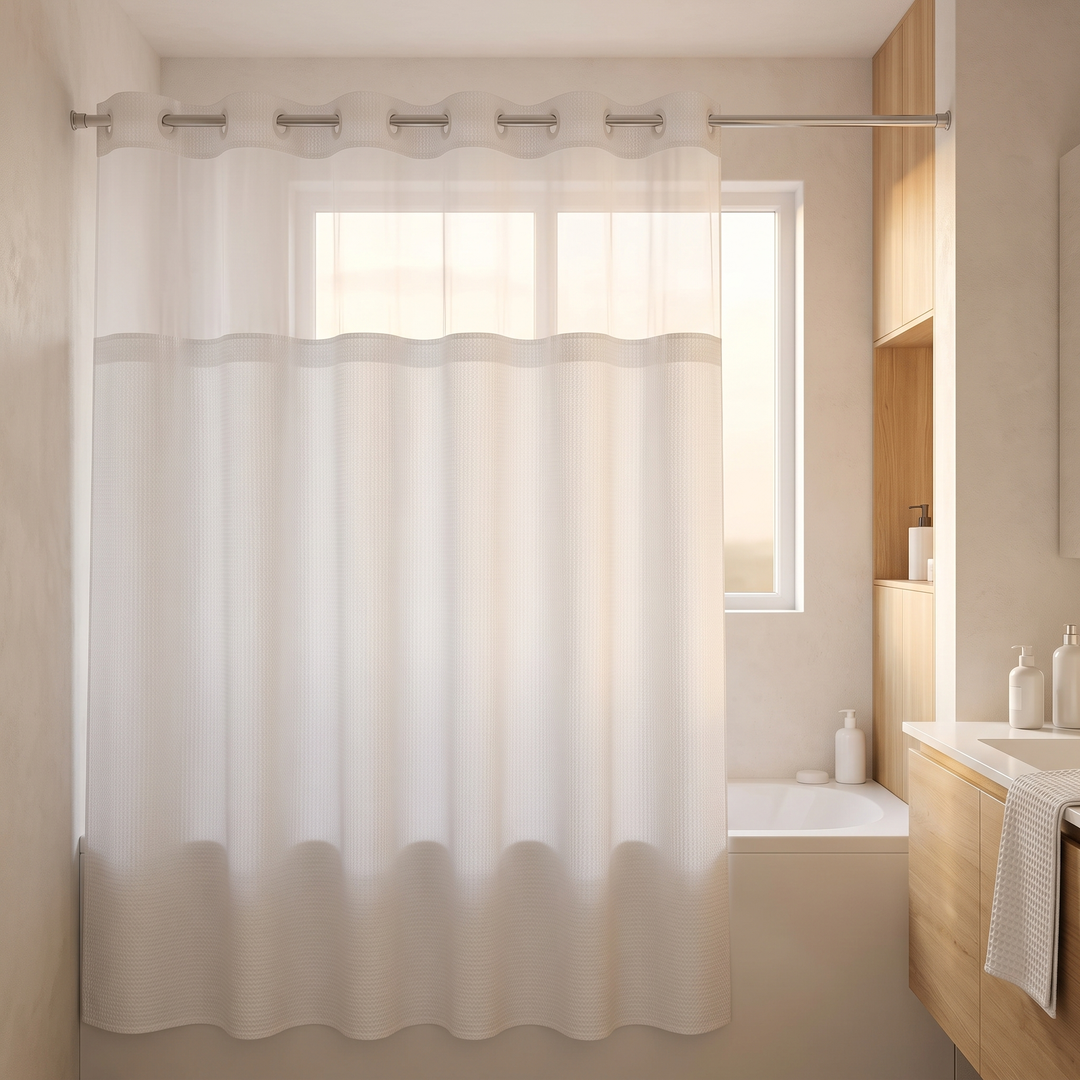 Shower Curtain with Liner – No Hooks Needed in White – hanging on a rod over a bathtub in a bright bathroom