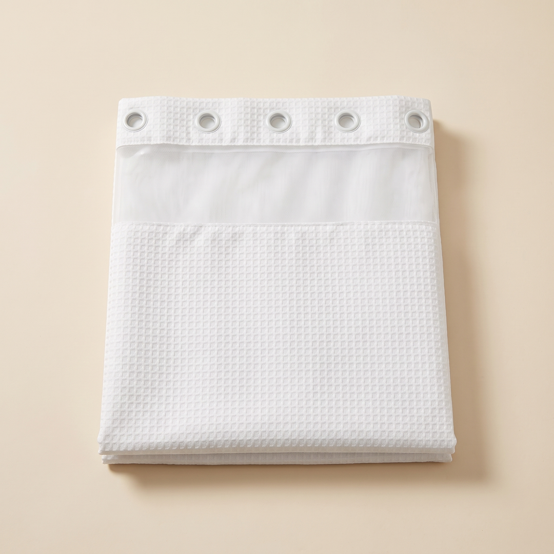 Shower Curtain with Liner – No Hooks Needed in White – folded flat on a plain beige background, seen from above