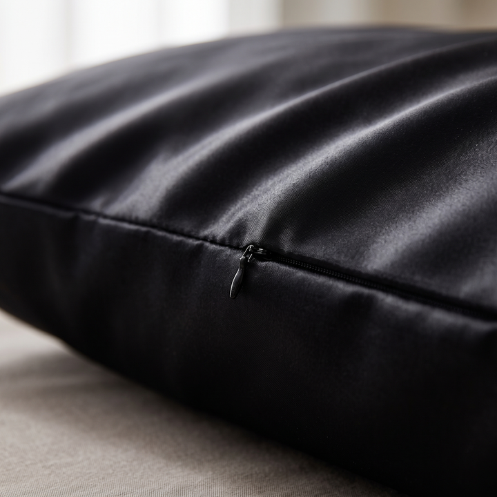 Silk Pillowcase – 19 Momme in Black – close-up of the hidden zipper on a pillow resting on a sofa