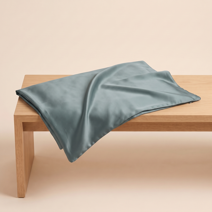 Silk Pillowcase – 19 Momme in Teal Green – gathered into a peak with one corner raised on peach