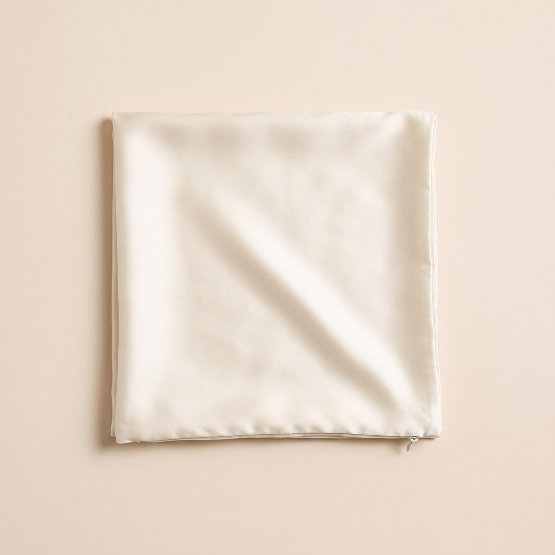 Silk Pillowcase – 19 Momme in Cream – folded square with a soft diagonal crease on a peach backdrop