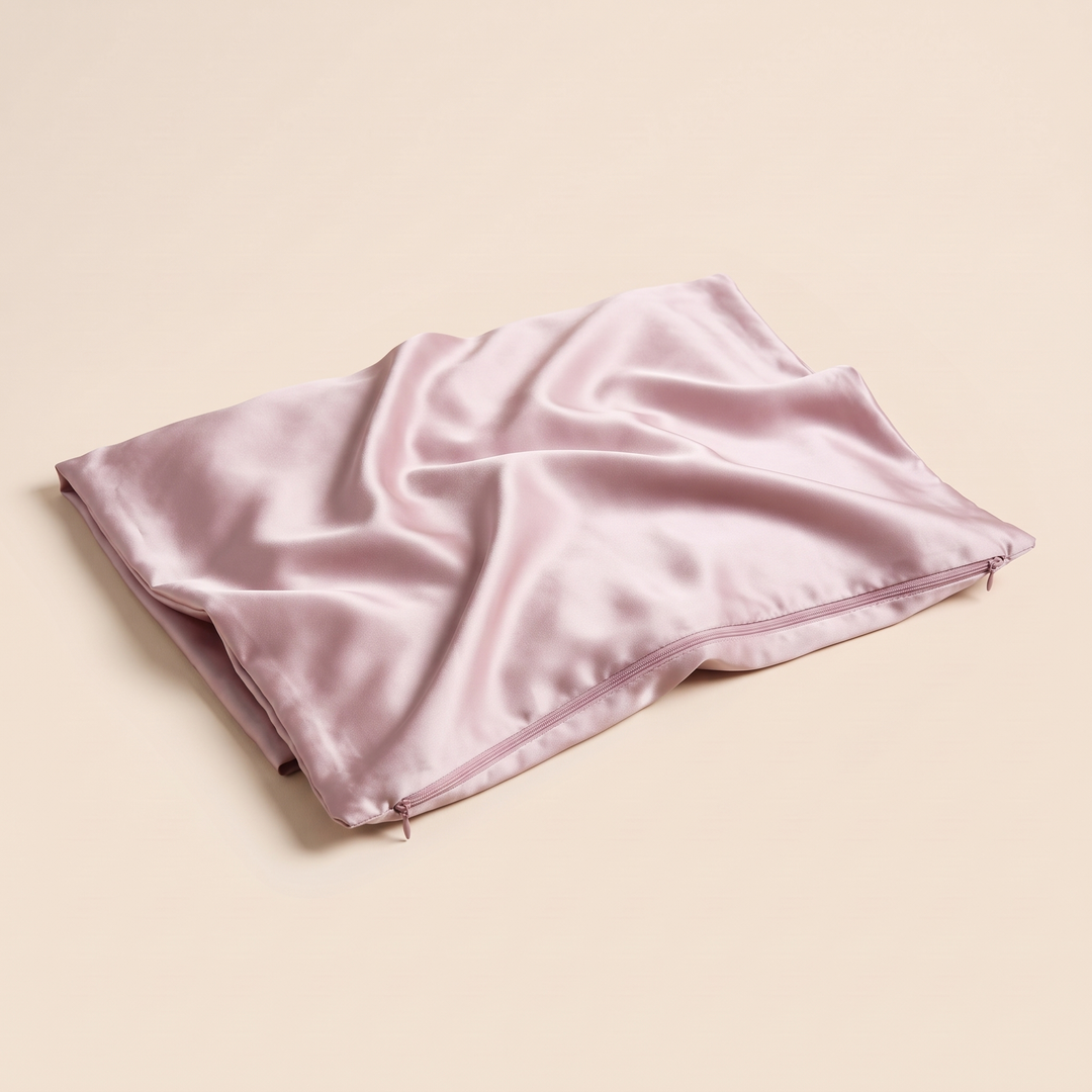 Silk Pillowcase – 19 Momme in Dusty Pink – zipper edge facing front with softly crumpled fabric