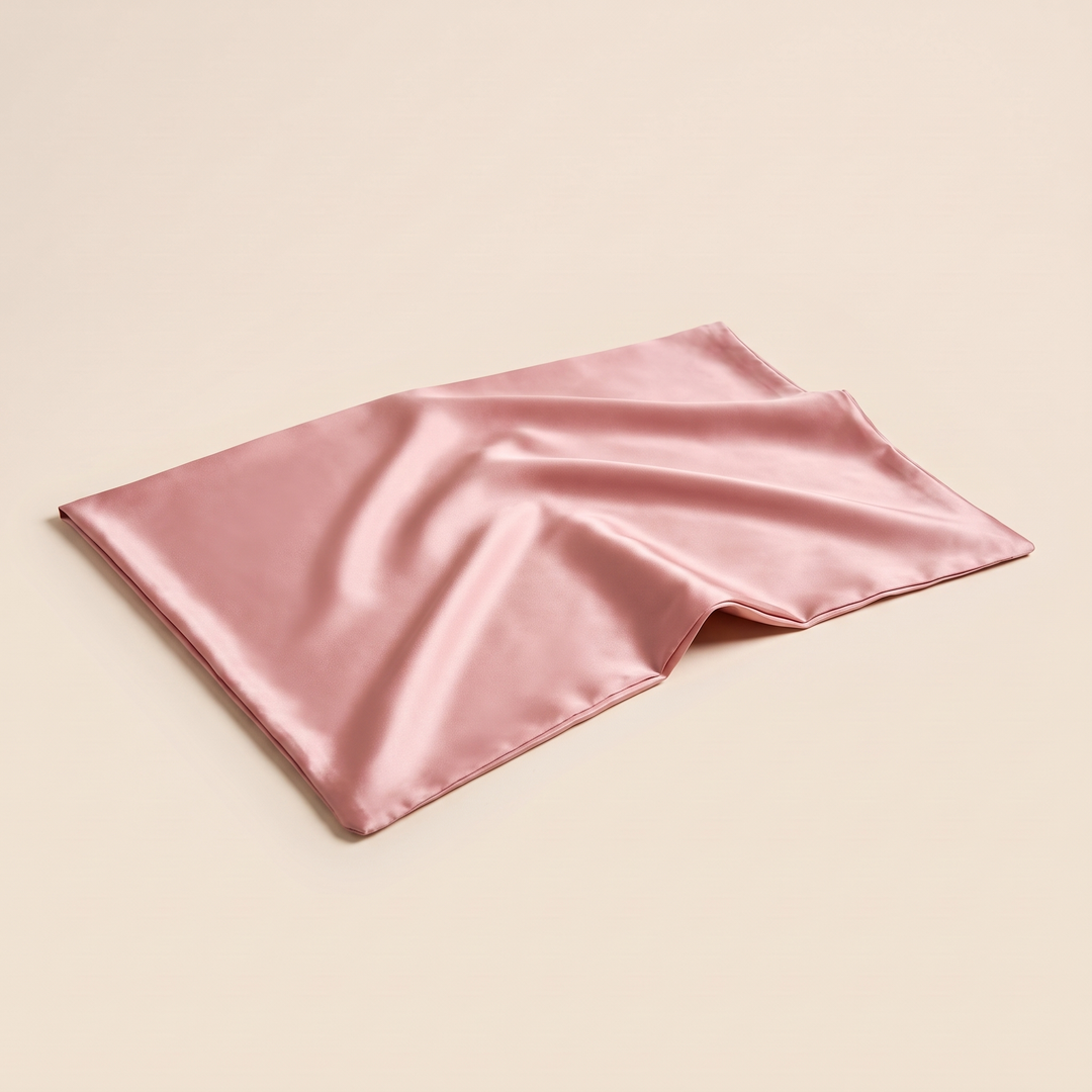 Silk Pillowcase – 19 Momme in Light Pink – lying flat with open end slightly lifted, seen from low angle