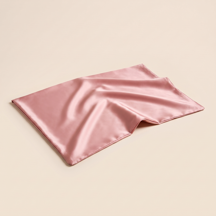 Silk Pillowcase – 19 Momme in Light Pink – lying flat with open end slightly lifted, seen from low angle