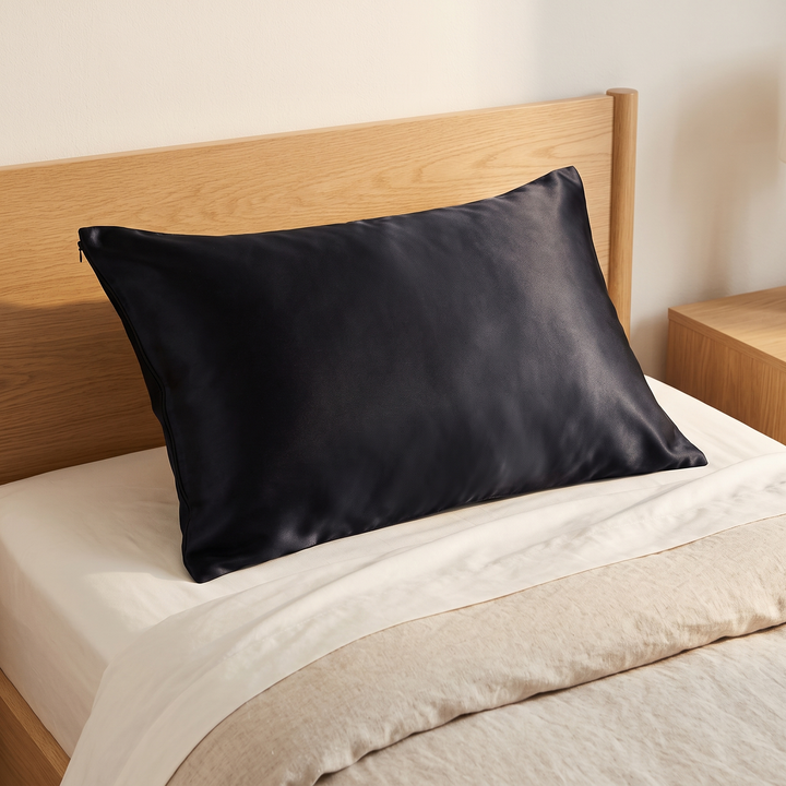 Silk Pillowcase – 19 Momme in Black – on a pillow against an oak headboard on a neutral bed