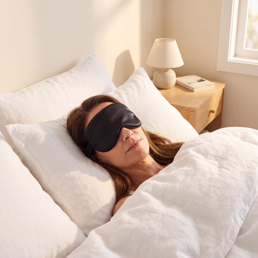 Silk Sleep Mask in Black – worn by a woman lying in bed under white linen bedding