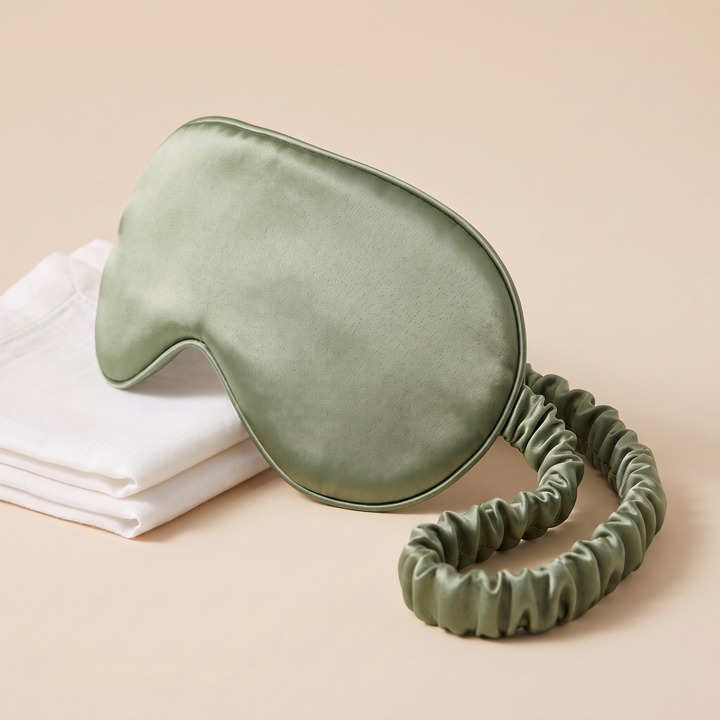 Silk Sleep Mask in Sage – with a small eucalyptus sprig laid across one corner