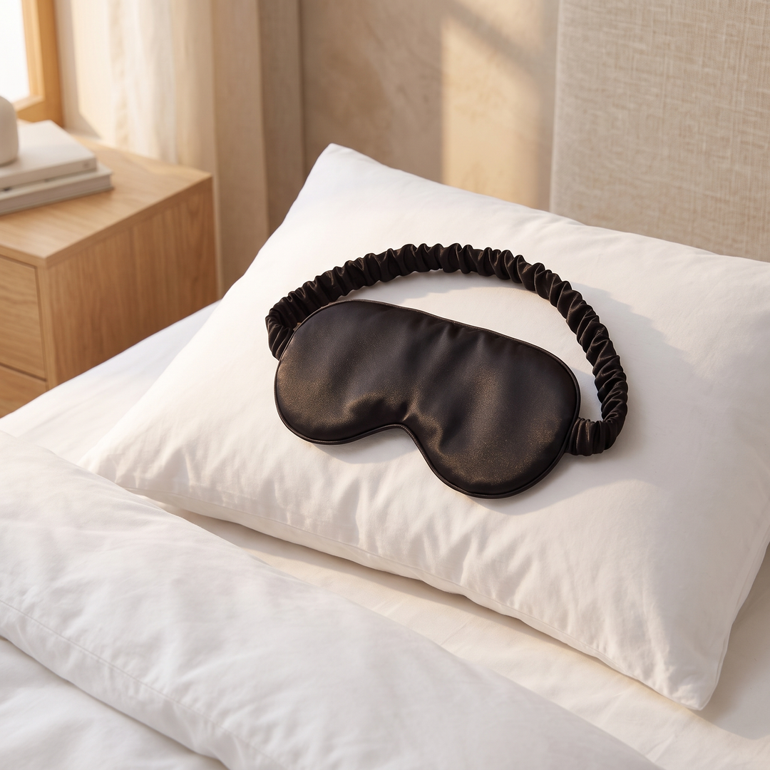 Silk Sleep Mask in Black – resting on a white pillow beside a wooden nightstand