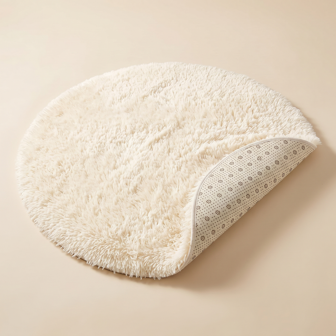 Small Round Shag Rug in Cream – with one edge flipped up showing the dotted non-slip backing