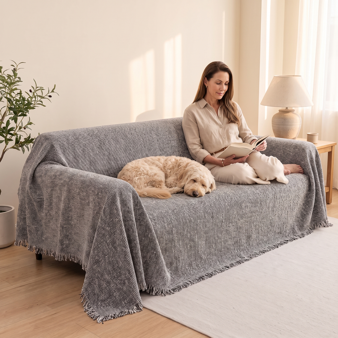 Speckled Chenille Couch Cover with Fringe in Gray – covering a sofa while a woman reads and a dog naps