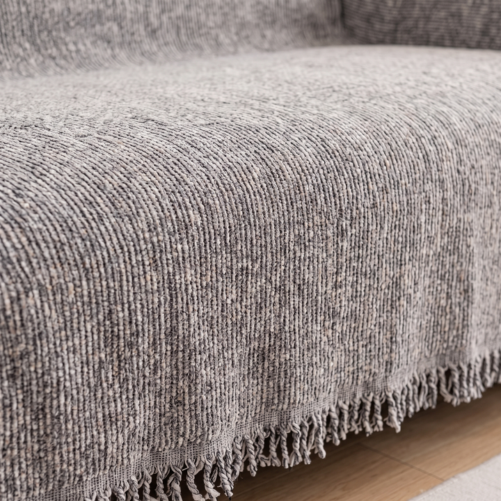 Speckled Chenille Couch Cover with Fringe in Gray – close-up of the textured weave and fringed hem over a sofa seat