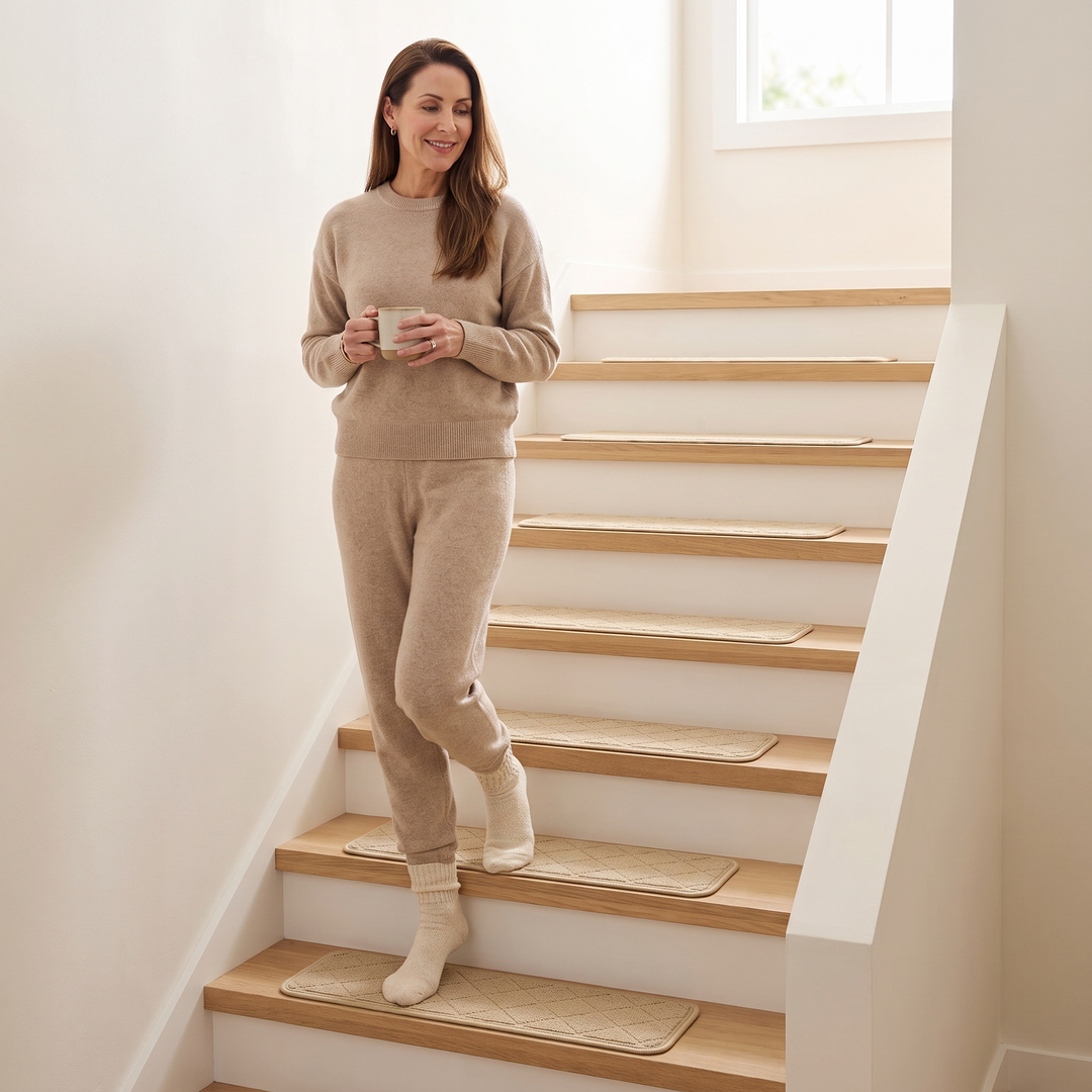 Carpet Stair Treads – Non-Slip, Self-Adhesive in Beige – on indoor wooden stairs with a woman walking down in socks