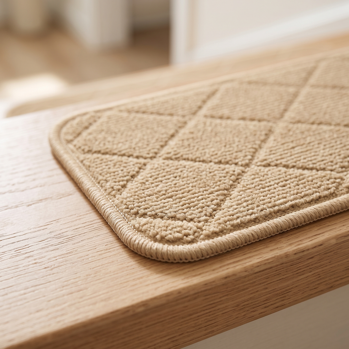 Carpet Stair Treads – Non-Slip, Self-Adhesive in Beige – close-up of one diamond-patterned tread on a wooden stair edge