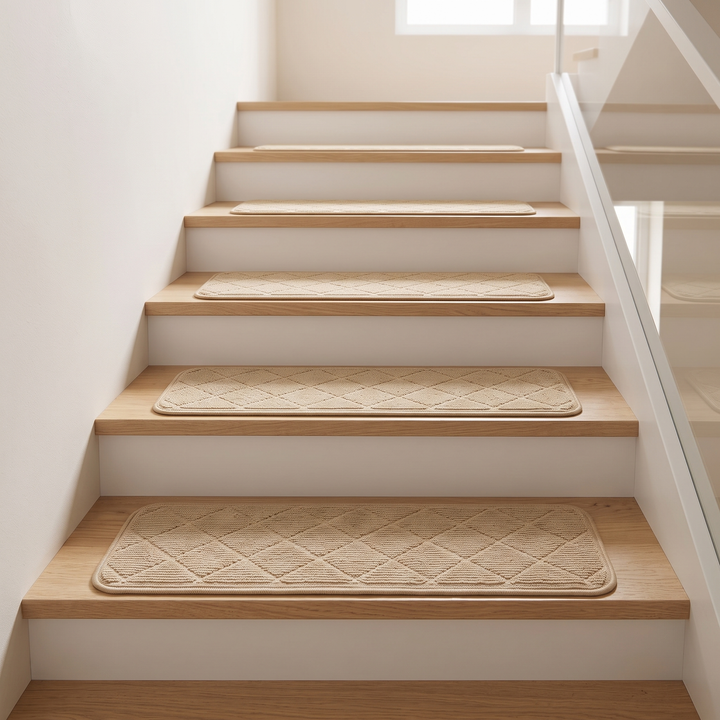 Carpet Stair Treads – Non-Slip, Self-Adhesive in Beige – on a wooden staircase beside a glass railing, seen from the front