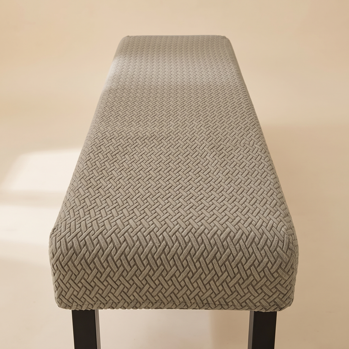 Stretch Bench Seat Cover – Jacquard in Taupe – end-on view along the length of the bench