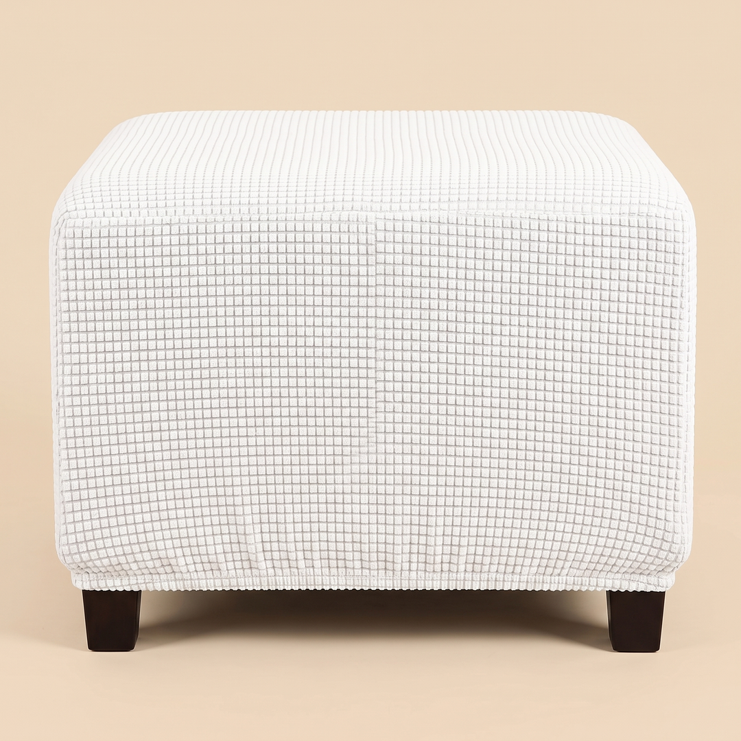Stretch Ottoman Cover in White – centered front view showing vertical panel seam and elastic hem