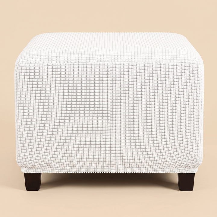 Stretch Ottoman Cover in White – centered front view showing vertical panel seam and elastic hem