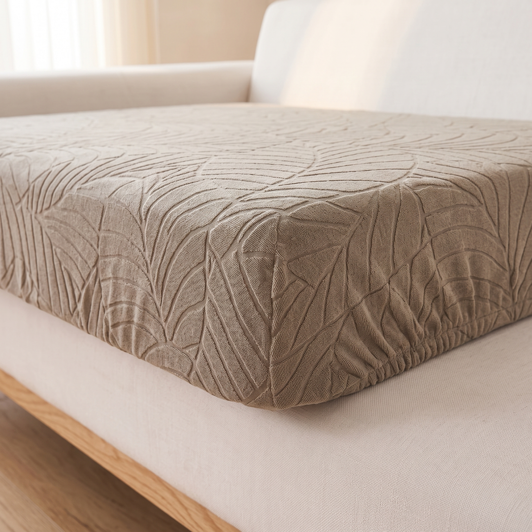 Stretch Couch Cushion Cover – Leaf Jacquard in Beige – close-up of embossed leaf pattern and elastic hem at cushion corner