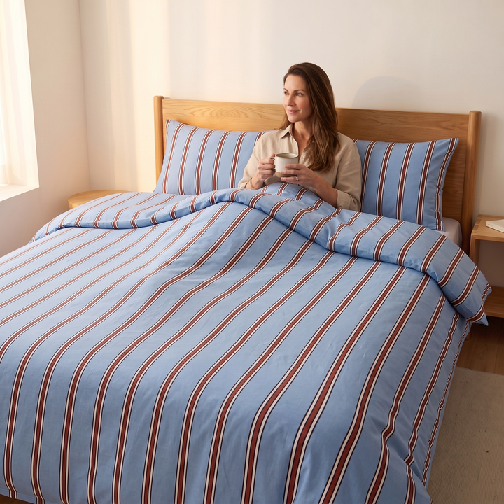 Striped Cotton Duvet Cover Set in Blue Stripe