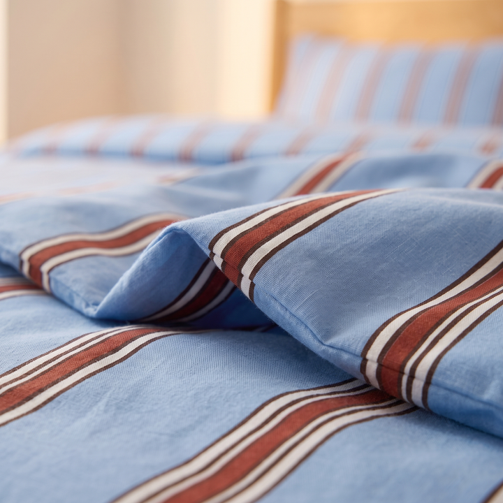 Striped Cotton Duvet Cover Set in Blue Stripe