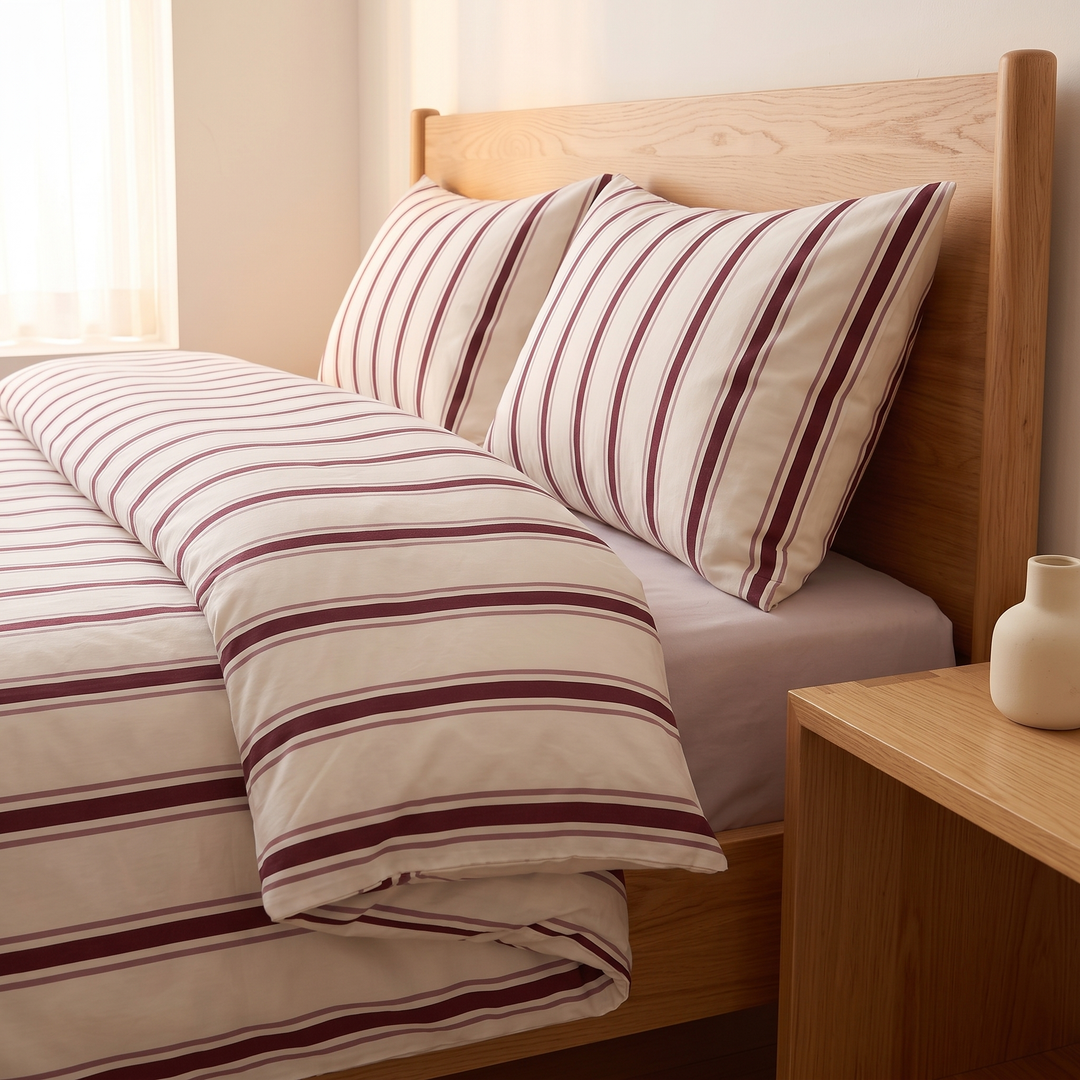 Striped Cotton Duvet Cover Set in Burgundy Stripe – side view of made bed beside nightstand with small vase