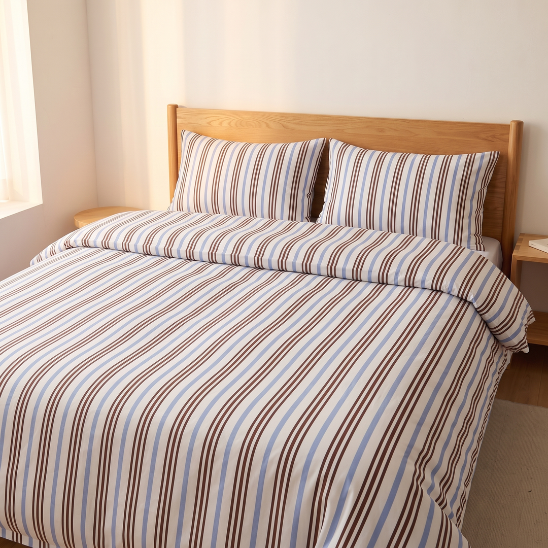 Striped Cotton Duvet Cover Set in Blue and Brown Stripe