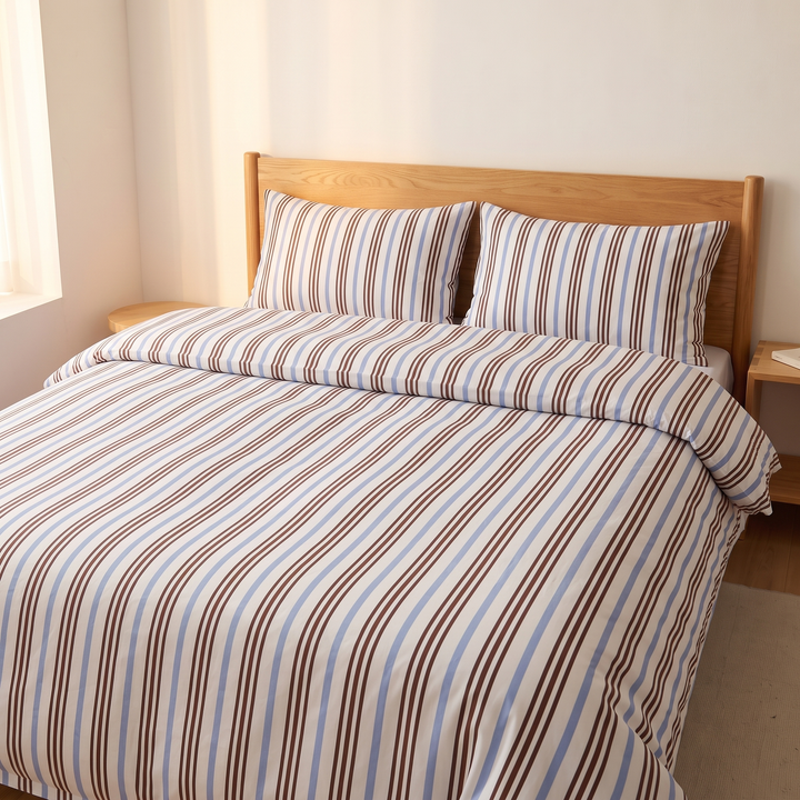Striped Cotton Duvet Cover Set in Blue and Brown Stripe