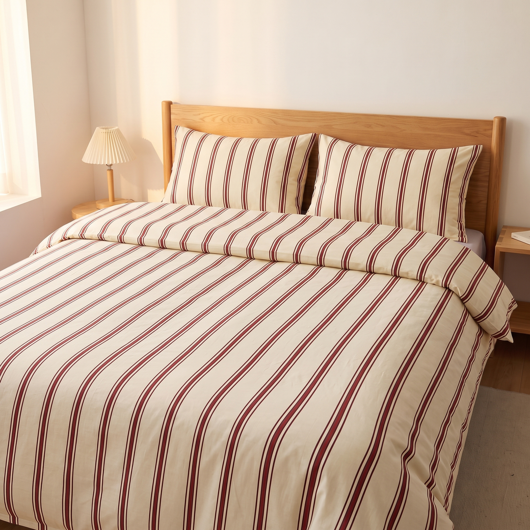 Striped Cotton Duvet Cover Set in Burgundy Pinstripe