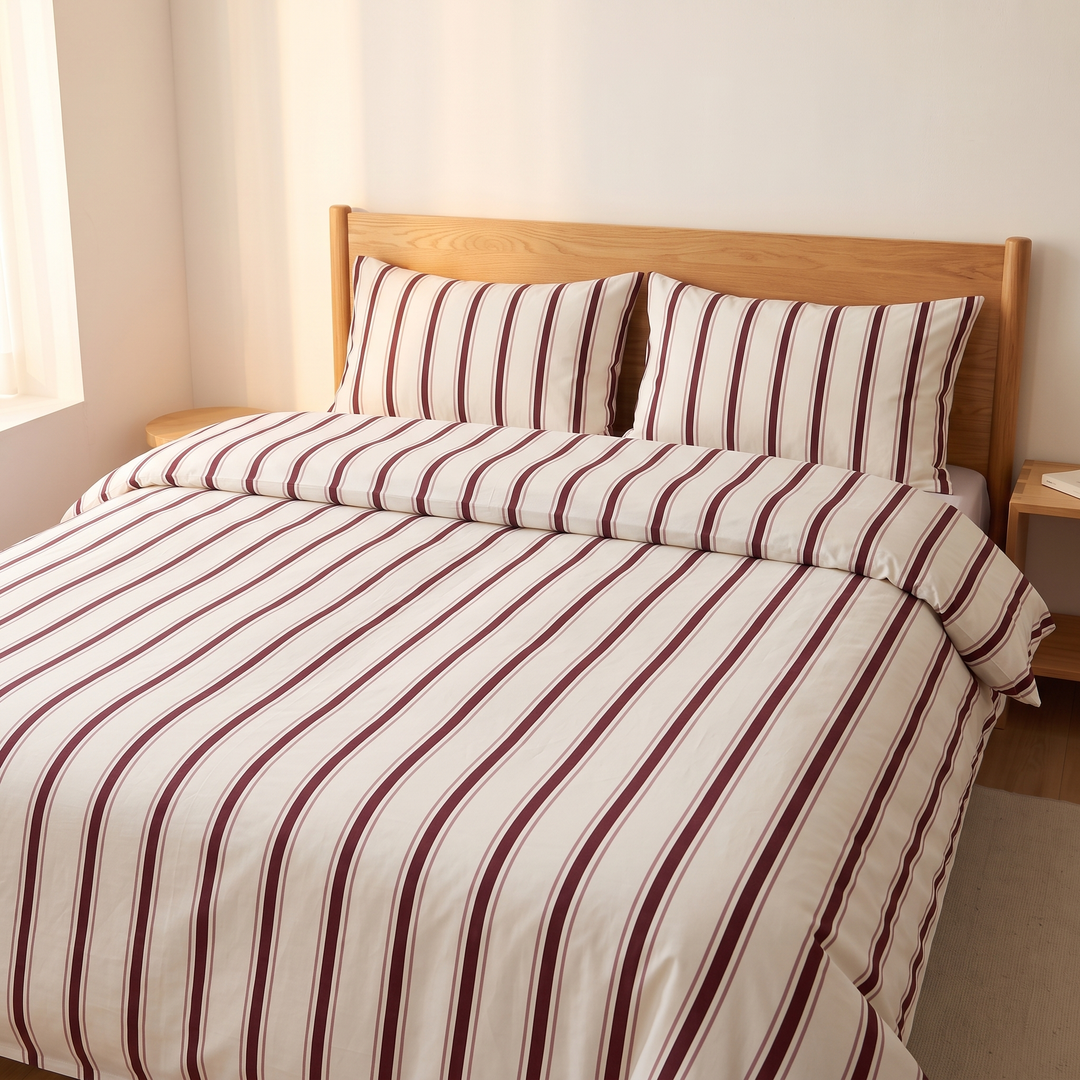 Striped Cotton Duvet Cover Set in Burgundy Stripe