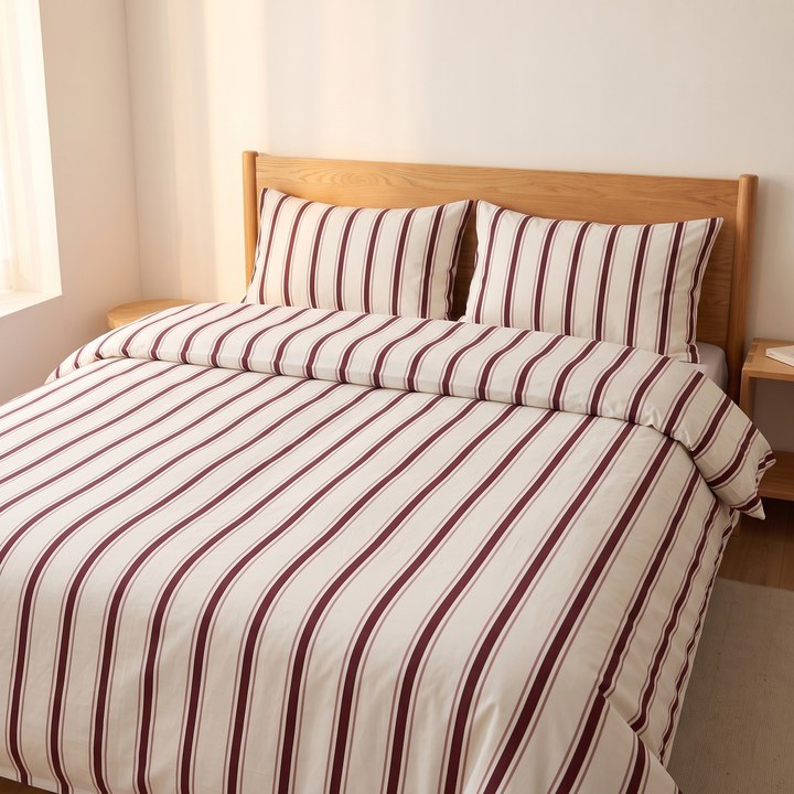 Striped Cotton Duvet Cover Set in Burgundy Stripe