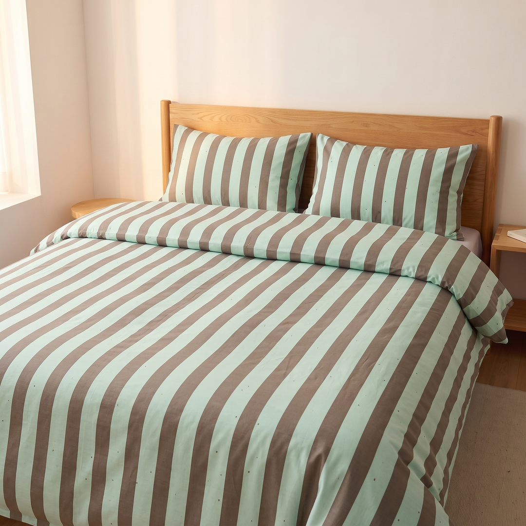 Striped Cotton Duvet Cover Set in Mint Green Stripe