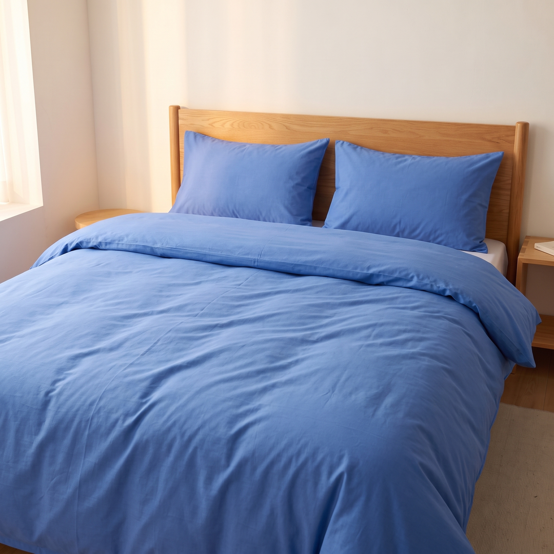 Striped Cotton Duvet Cover Set in Solid Blue