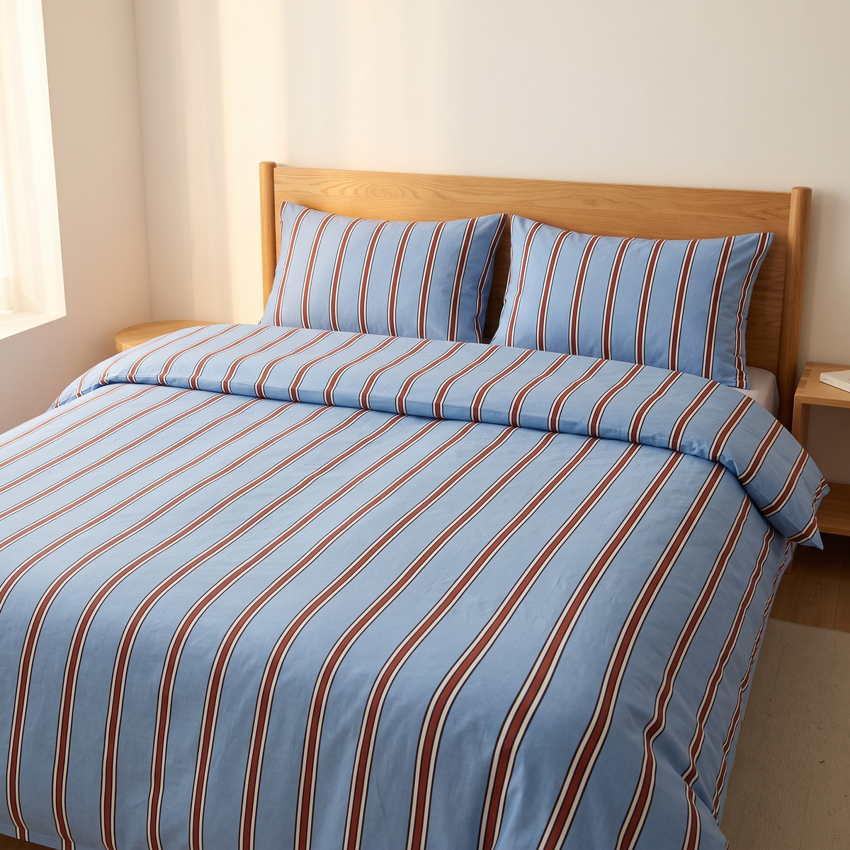 Striped Cotton Duvet Cover Set in Blue Stripe – on a made bed with an oak headboard