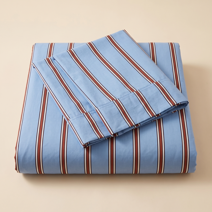 Striped Cotton Duvet Cover Set in Blue Stripe