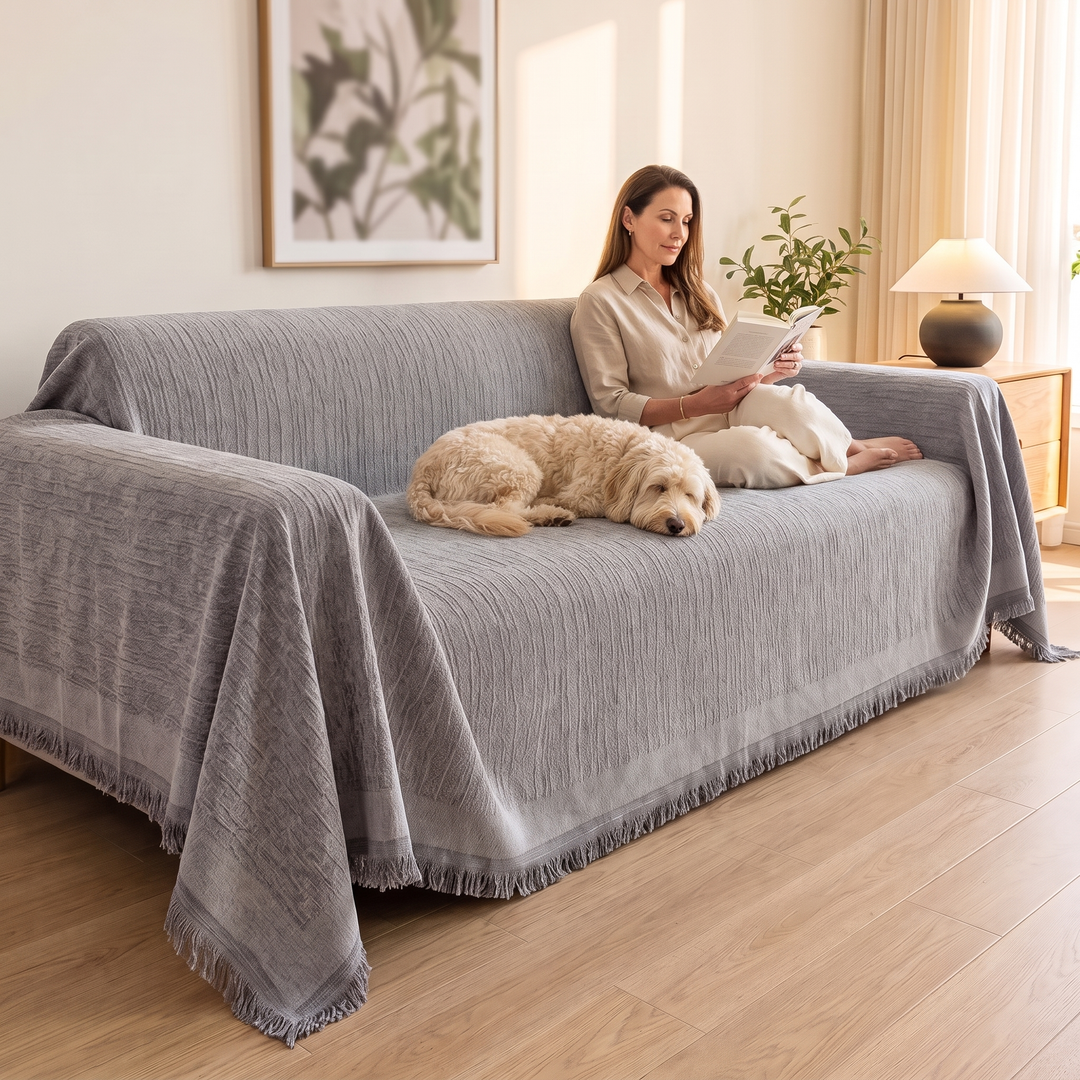 Striped Chenille Couch Cover with Fringe in Gray – covering a sofa while a woman reads and a dog rests