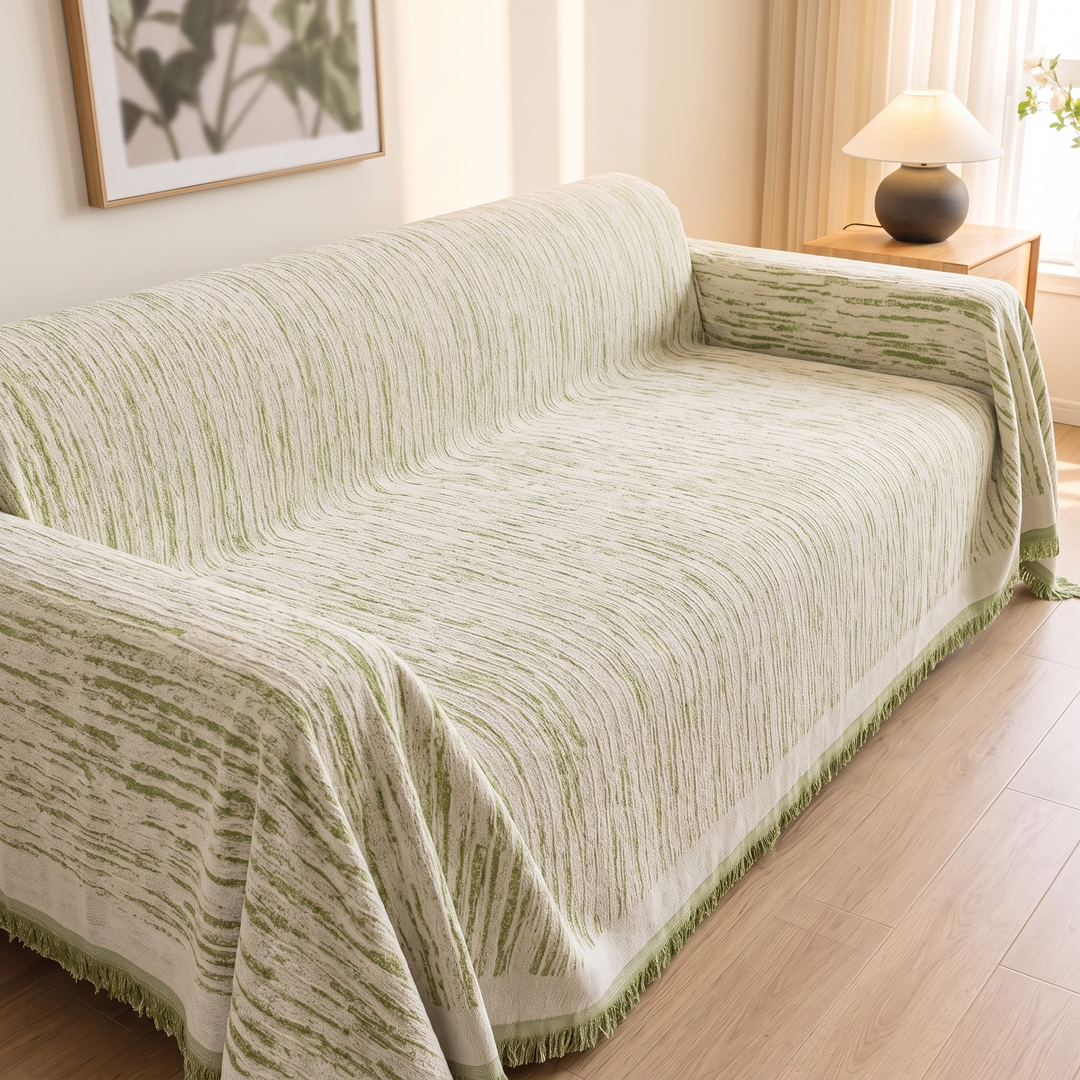 Striped Chenille Couch Cover with Fringe in Green Stripe – angled view of covered sofa beside lamp and curtains
