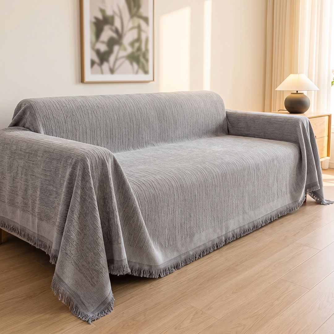 Striped Chenille Couch Cover with Fringe in Gray – draped over a sofa in a sunlit living room
