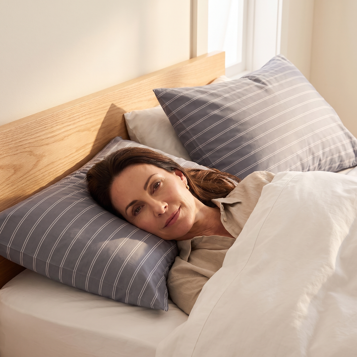 Striped Cotton Pillowcases – Set of 2 in Charcoal Stripe – woman lying on her side with head on pillow in warm window light