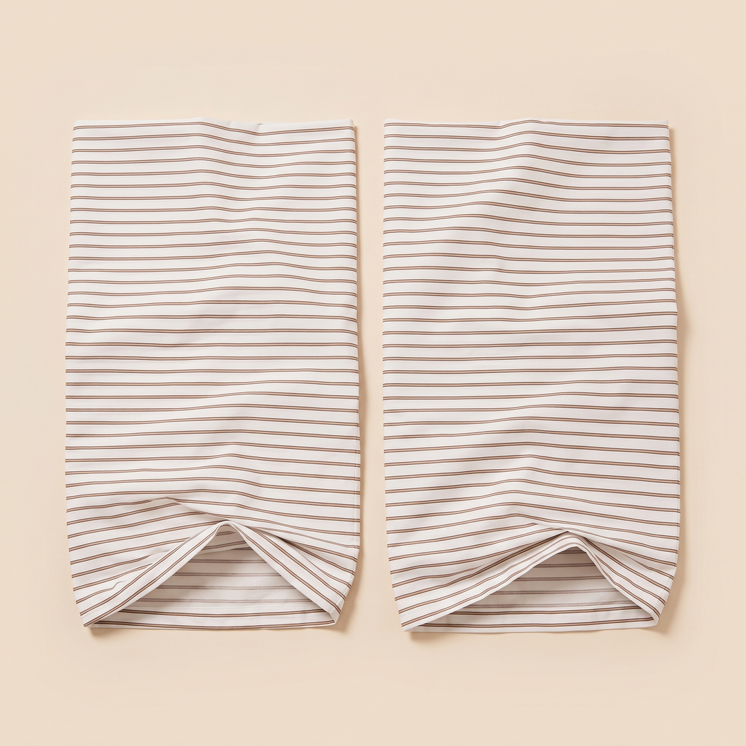 Striped Cotton Pillowcases – Set of 2 in Brown Pinstripe – two pillowcases laid flat side by side, seen from above