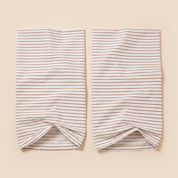 Striped Cotton Pillowcases – Set of 2 in Brown Pinstripe – two pillowcases laid flat side by side, seen from above