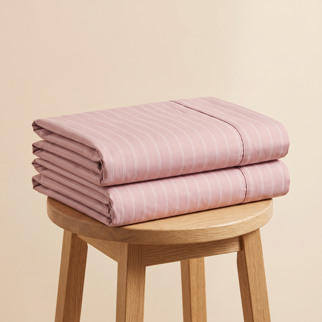 Striped Cotton Pillowcases – Set of 2 in Dusty Rose Stripe – folded stack on a light wooden stool against beige backdrop