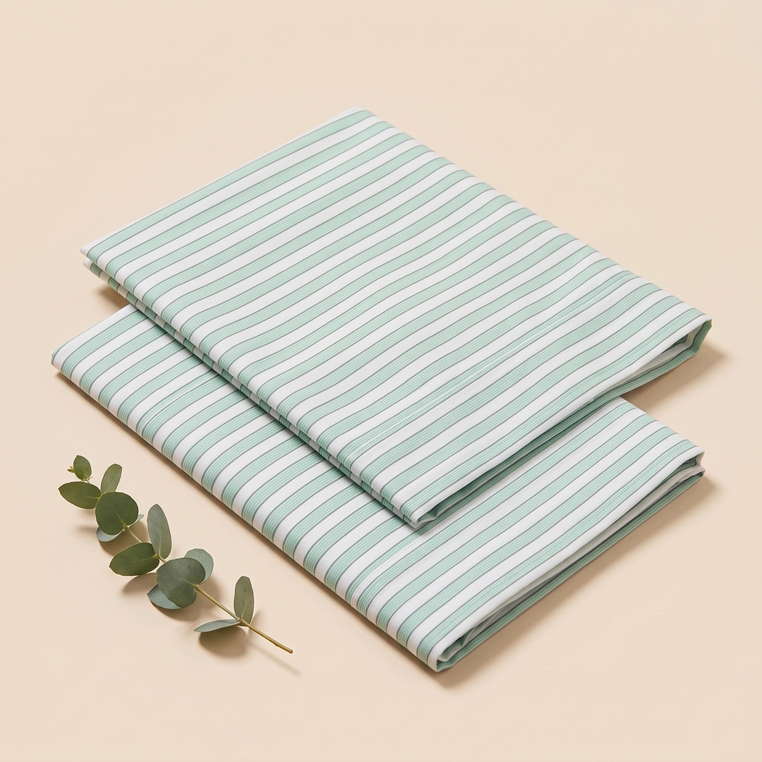 Striped Cotton Pillowcases – Set of 2 in Green Stripe – overlapping folded pair with a eucalyptus sprig alongside