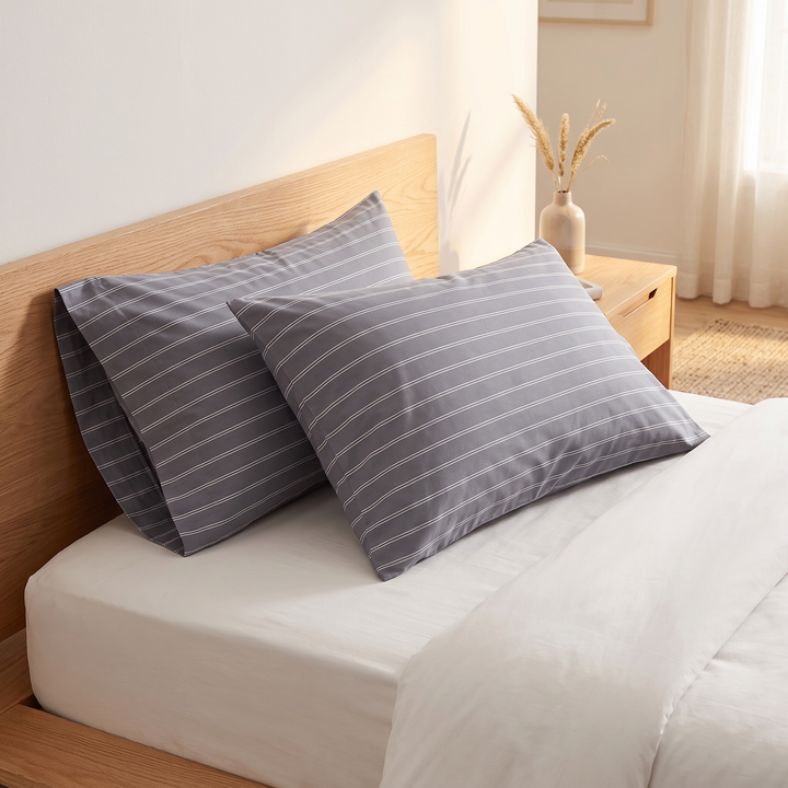 Striped Cotton Pillowcases – Set of 2 in Charcoal Stripe – on pillows against an oak bed headboard in a bright bedroom