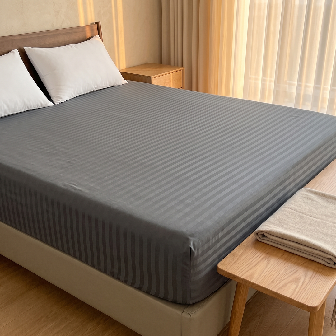 Striped Fitted Sheet – Tone-on-Tone in Dark Gray – angled side view past a wooden bench with folded blanket