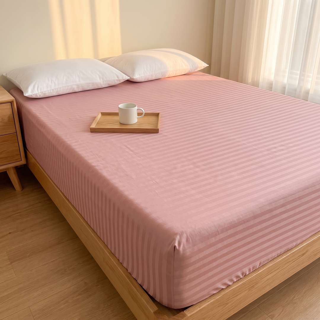 Striped Fitted Sheet – Tone-on-Tone in Dusty Pink – angled view with a white mug on a wooden tray