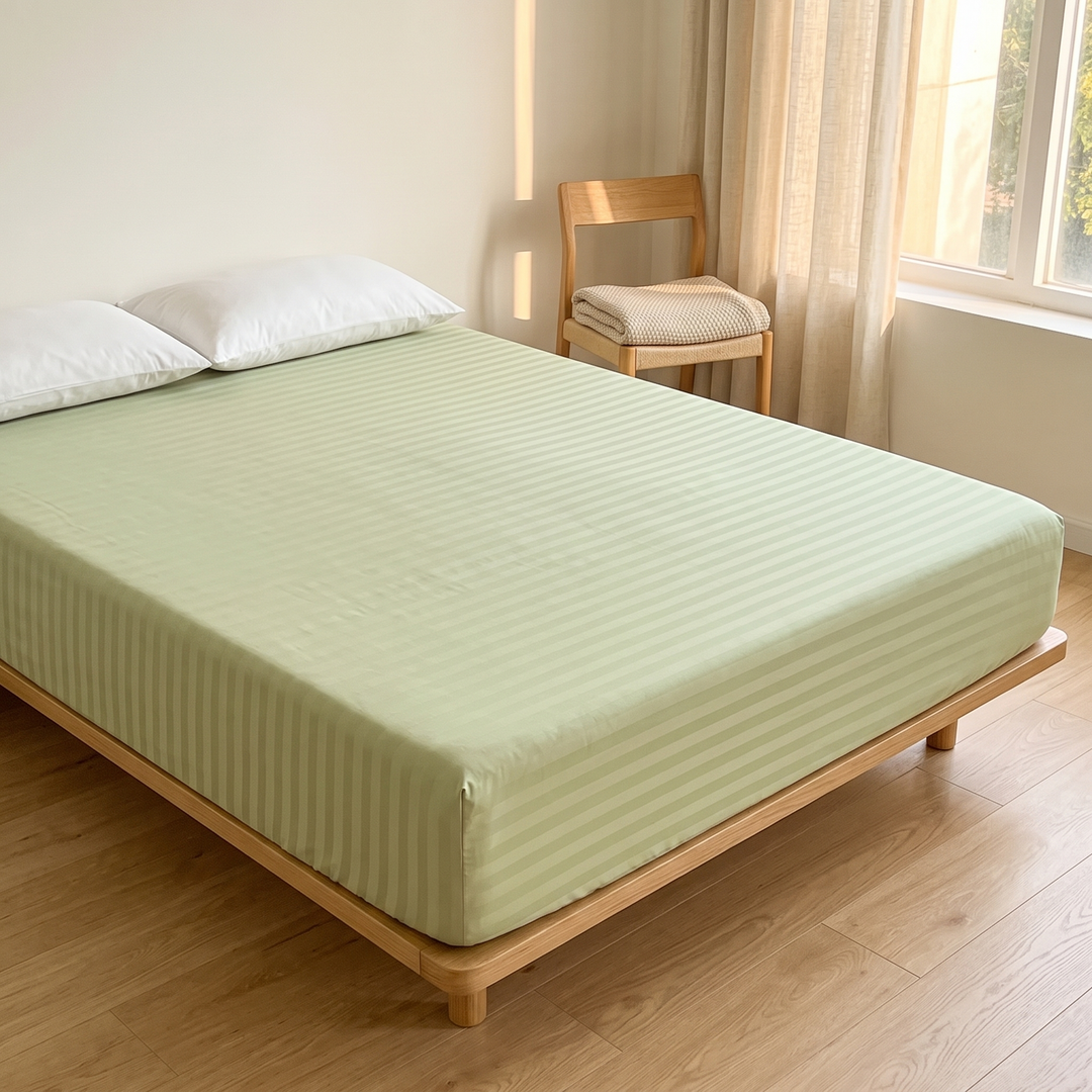 Striped Fitted Sheet – Tone-on-Tone in Light Sage – on a low wooden platform bed beside a window
