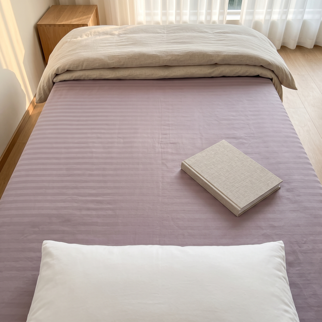 Striped Fitted Sheet – Tone-on-Tone in Mauve – overhead view with a closed linen book and white pillow