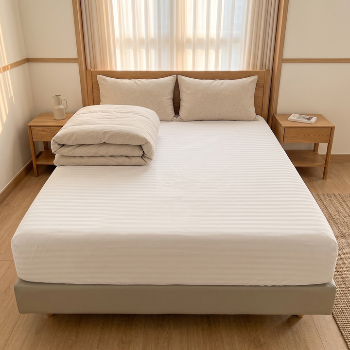 Striped Fitted Sheet – Tone-on-Tone in White – fitted on a bed with a folded duvet and beige pillows between oak nightstands